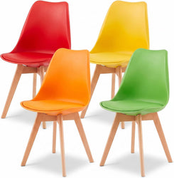 Four molded plastic side chairs with light wood legs in red, yellow, orange, and green, arranged on a white background.