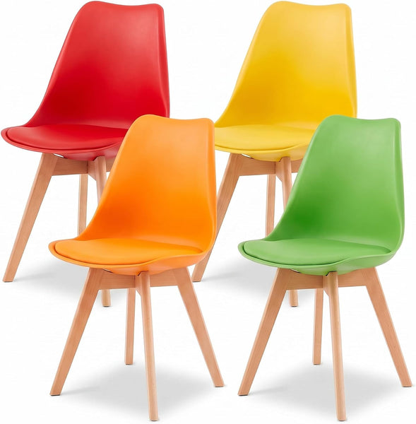 Four molded plastic side chairs with light wood legs in red, yellow, orange, and green, arranged on a white background.