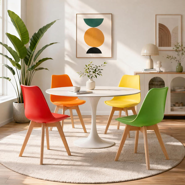 A dining set in a bright, modern room featuring a round white table and four colorful chairs in red, orange, yellow, and green with light wood legs, arranged on a round rug.