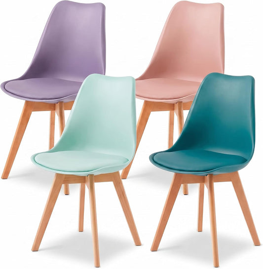 Four molded plastic dining chairs with light wood legs, shown in purple, pink, mint green, and teal on a white background.