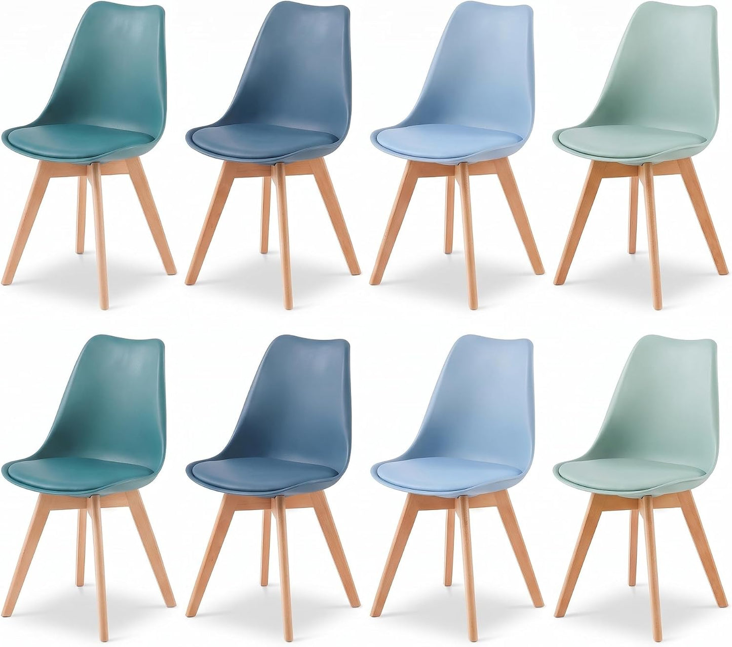 4x Retro Ergonomic Plastic Dining Chairs with Beech Wood Legs in Pastel Green, Blue, Seaspray & Aqua