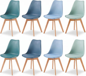 4x Retro Ergonomic Plastic Dining Chairs with Beech Wood Legs in Pastel Green, Blue, Seaspray & Aqua