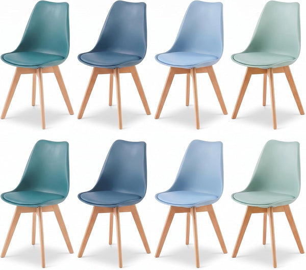 4x Retro Ergonomic Plastic Dining Chairs with Beech Wood Legs in Pastel Green, Blue, Seaspray & Aqua