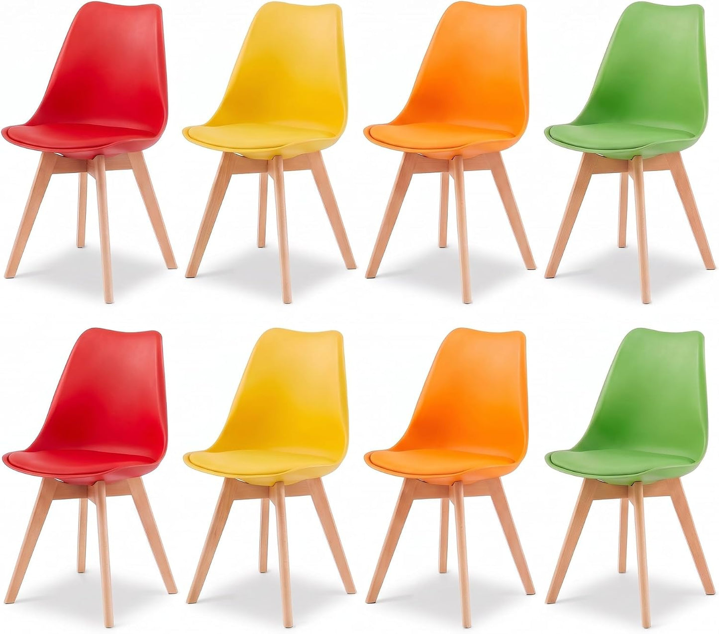 Eight modern side chairs arranged in two rows of three, each with a different seat color: red, yellow, and orange, paired with green, yellow, and orange seats and light natural wood legs on a white background.