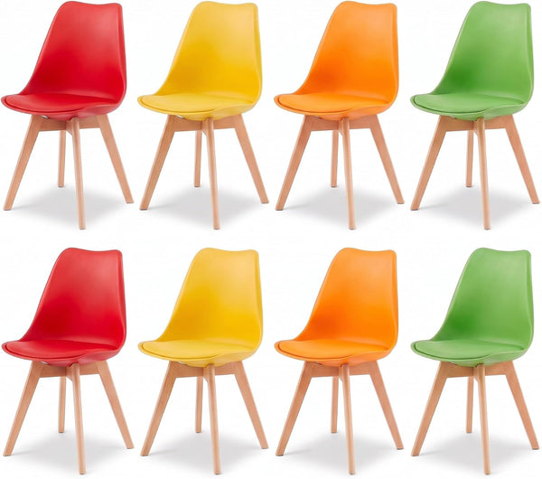 Eight modern side chairs arranged in two rows of three, each with a different seat color: red, yellow, and orange, paired with green, yellow, and orange seats and light natural wood legs on a white background.