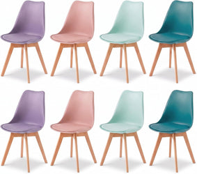 Eight modern molded plastic dining chairs with light wood legs, shown in four color options: purple, pink, mint green, and teal. The chairs are arranged in a clean 2x4 grid against a solid white background.