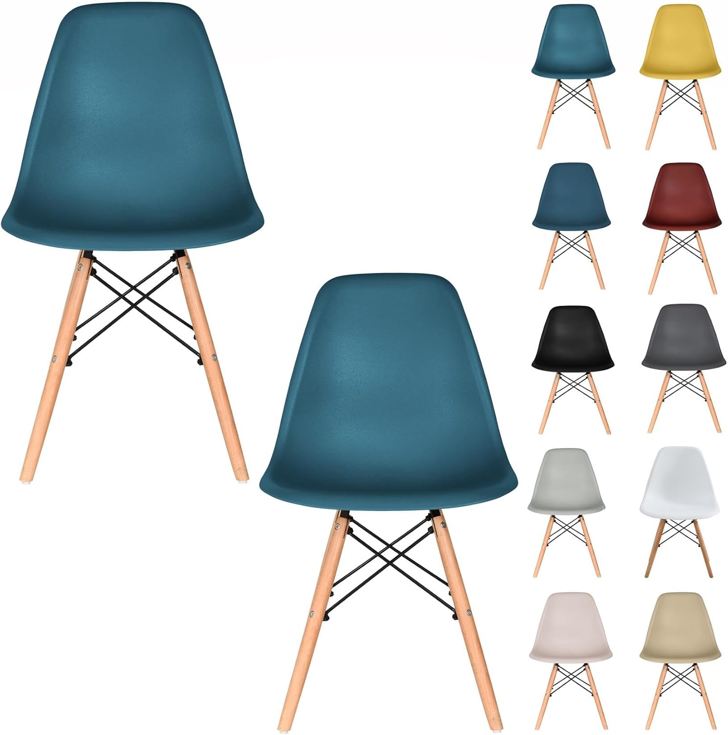 Distinct Classic Mid-Century Design Dining Office Teal Blue Chair with choice of braced Wooden Legs