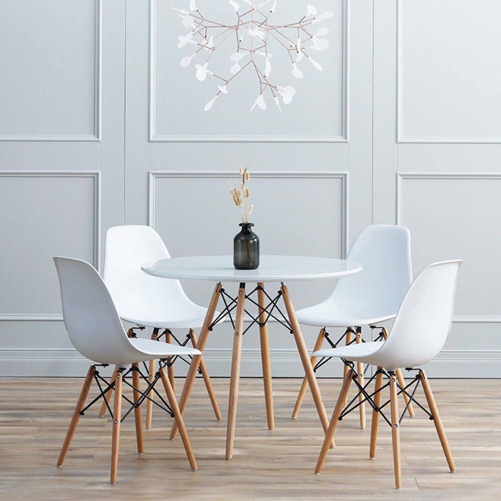 Distinct Designs Classic Mid-Century Design Dining Office White Round 80cm Diameter Dining Table with Wooden Legs-Table & 4 Chairs Set-Distinct Designs (London) Ltd