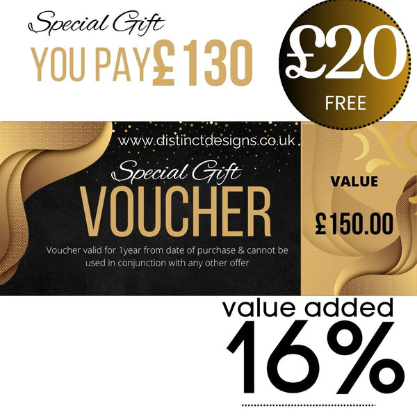 Gift Vouchers for our Houseware Store. Buy & receive up to 20% extra value-£150-Distinct Designs (London) Ltd