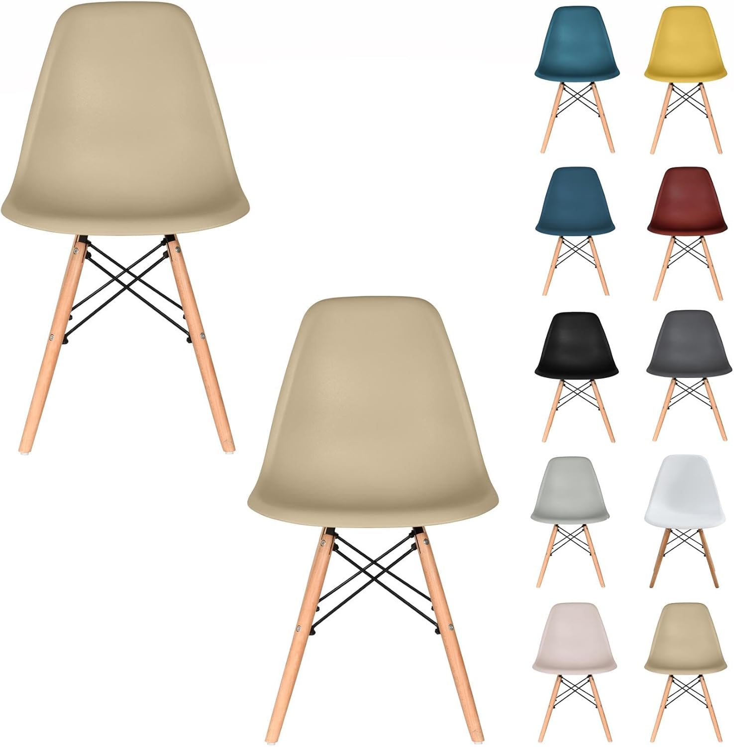 Distinct Classic Mid-Century Design Dining Office Beige Chair with choice of braced Wooden Legs