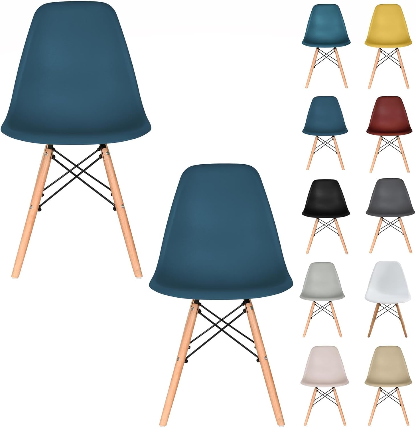 Distinct Classic Mid-Century Design Dining Office Navy Blue Chair with choice of braced Wooden Legs