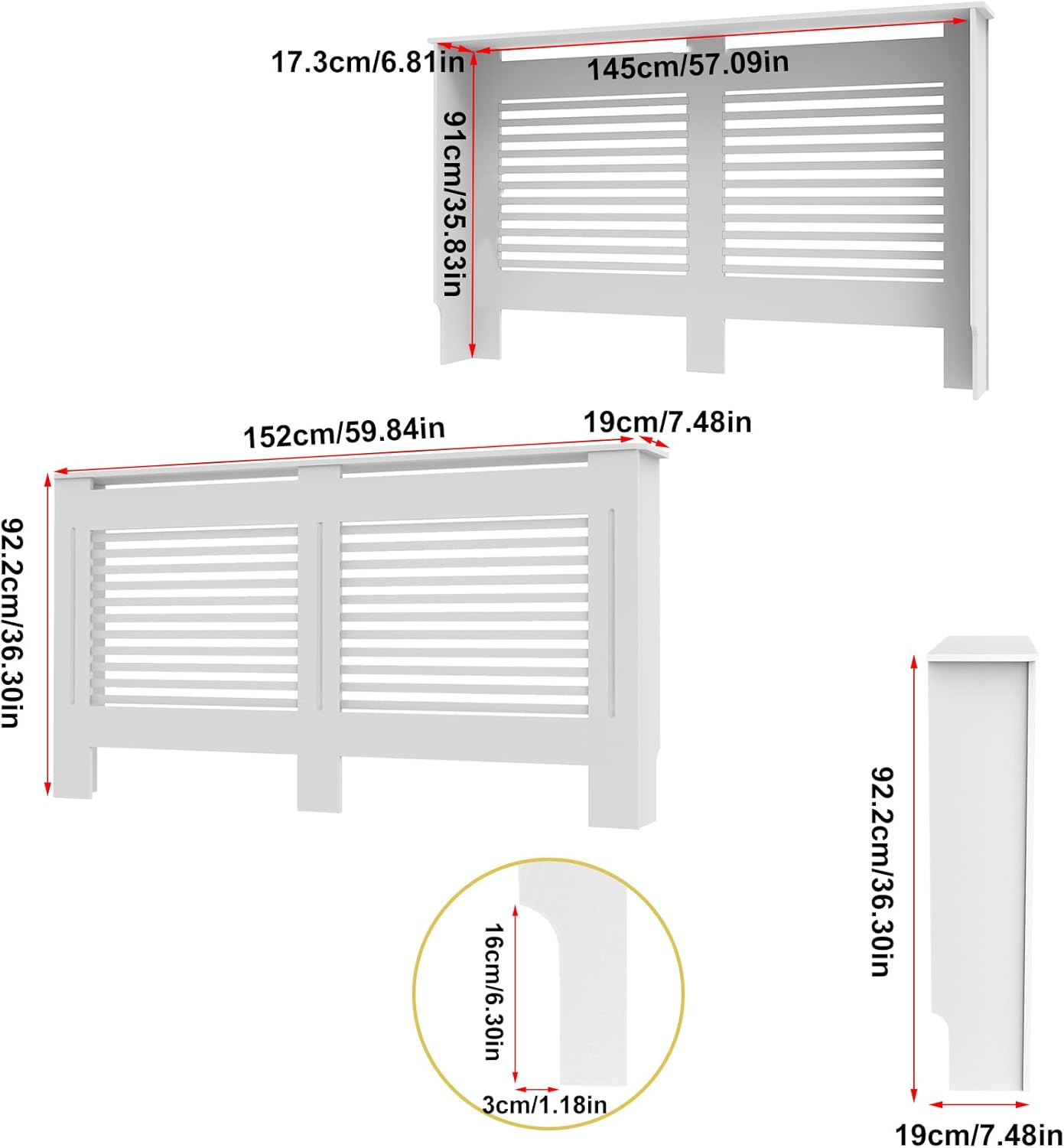 Elegant White Removable Radiator Heater Covers with Classic HORIZONTAL SLATS decorative grille screening panel-Large-RadiatorCoversShop.com