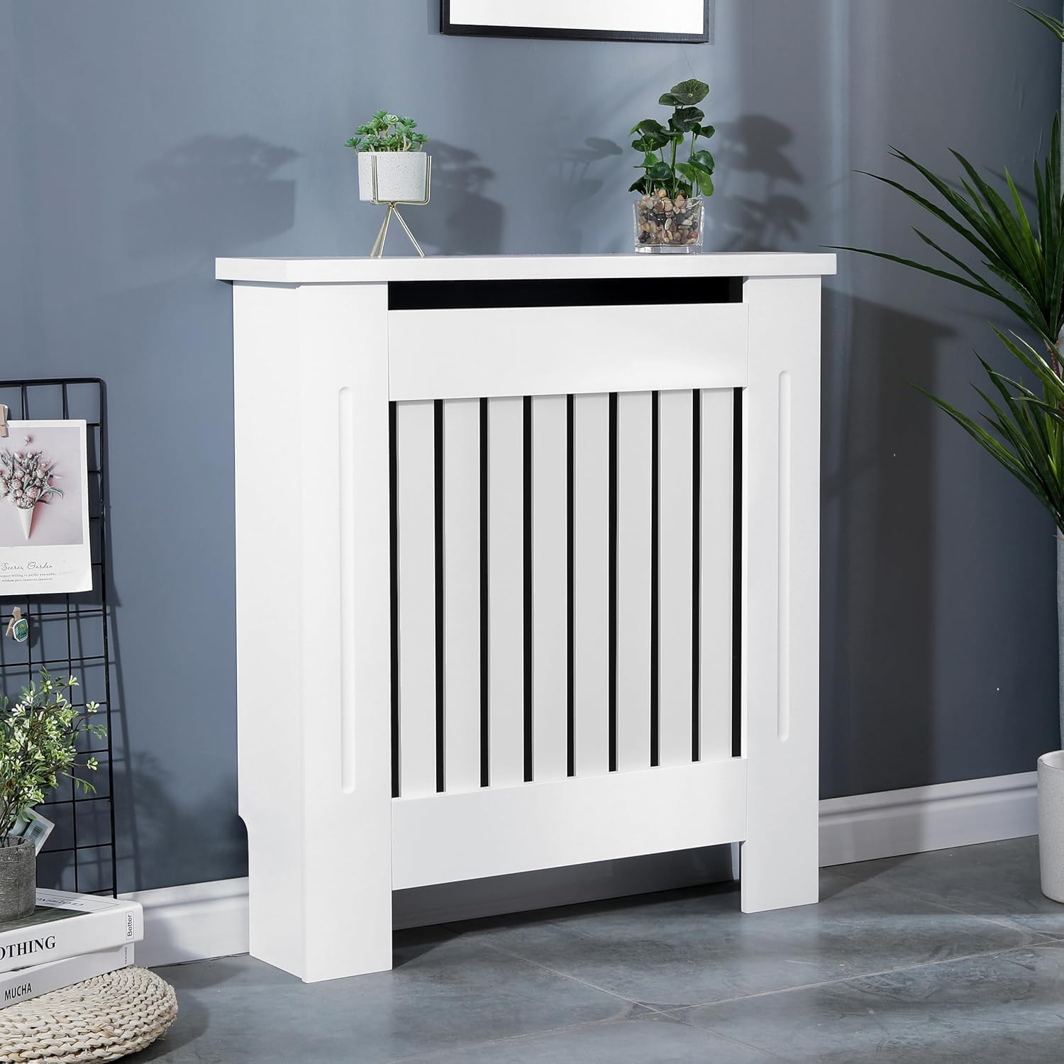 Elegant White Removable Radiator Heater Covers with Classic VERTICAL SLATS decorative grille screening panel-Small-RadiatorCoversShop.com