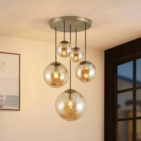 Glass Chandelier Style Pendant Ceiling 5-Lights Glass Ball Lamp in Amber or Silver-Amber-Distinct Designs (London) Ltd