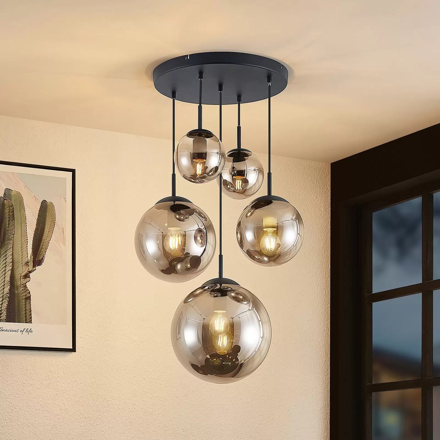 Glass Chandelier Style Pendant Ceiling 5-Lights Glass Ball Lamp in Amber or Silver-Distinct Designs (London) Ltd