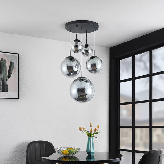 Glass Chandelier Style Pendant Ceiling 5-Lights Glass Ball Lamp in Amber or Silver-Silver-Distinct Designs (London) Ltd