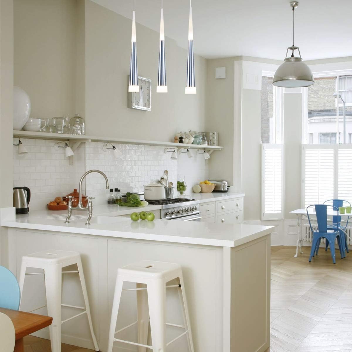 Modern Glass & Metal Pendant LED Light suspended ceiling 3 Hanglamps with slim 45cm long cone design-Distinct Designs (London) Ltd