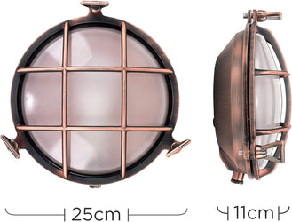 Nautical Design Round Metal Copper Effect Wall Light Bronzed Cage Frosted Lens Fisherman Boat Style-Distinct Designs (London) Ltd