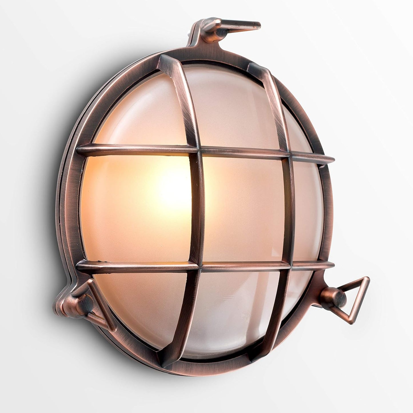 Nautical Design Round Metal Copper Effect Wall Light Bronzed Cage Frosted Lens Fisherman Boat Style-Copper-Distinct Designs (London) Ltd