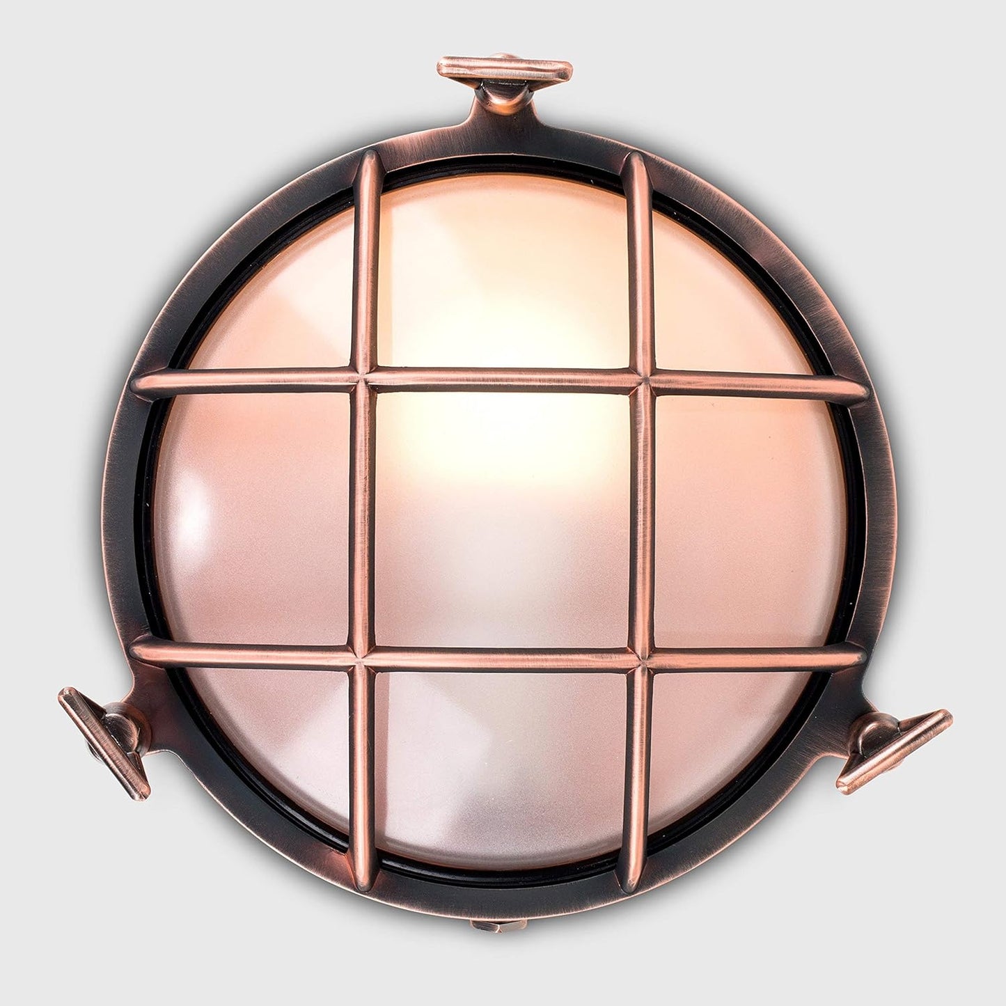 Nautical Design Round Metal Copper Effect Wall Light Bronzed Cage Frosted Lens Fisherman Boat Style-Copper-Distinct Designs (London) Ltd