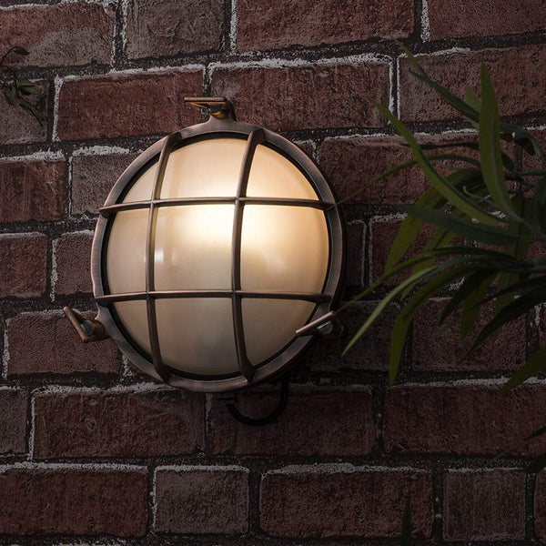 Nautical Design Round Metal Copper Effect Wall Light Bronzed Cage Frosted Lens Fisherman Boat Style-Distinct Designs (London) Ltd