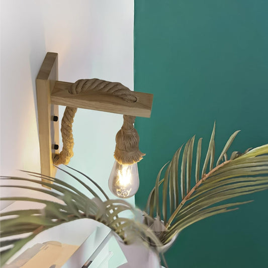 Nautical 18mm Hemp Rope Wall Light with rustic Wooden holder for Pub Bar or Industrial Home Decor-Light Wood-Distinct Designs (London) Ltd