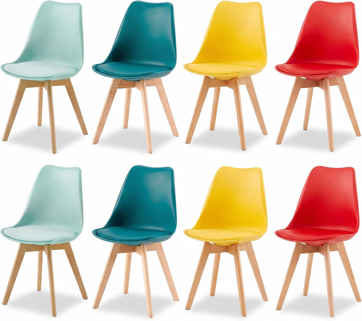 Retro Ergonomic Plastic Dining Chairs with Beech Wood Legs in Mint, Aqua, Yellow & Red