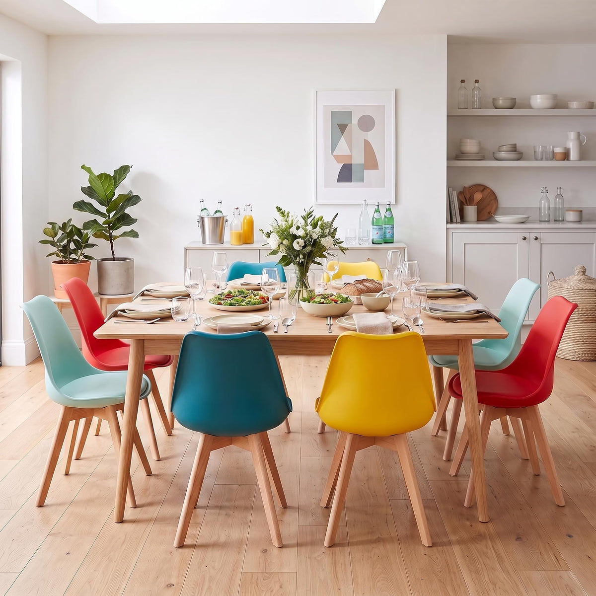 Retro Ergonomic Plastic Dining Chairs with Beech Wood Legs in Mint, Aqua, Yellow & Red