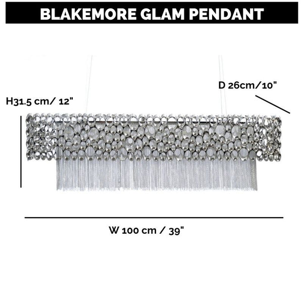 Blakemore Glam Rectangular Nickel Chandelier Pendant Light Hanging Ceiling Lamp Fixture 100cm wide-100x26x 31.5(WxDxH cm)-Distinct Designs (London) Ltd