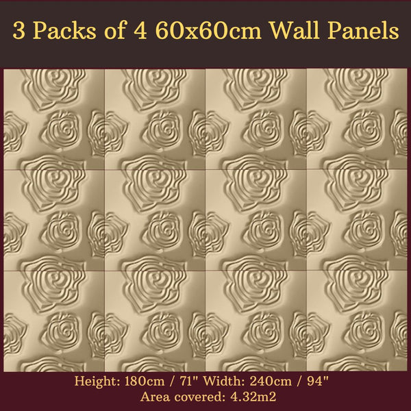 Decorative 3D Textured Feature Wall Panels in Gold Finish with Subtle ROSE Design Continuous Pattern-Gold-3 Pks 4 x 60x60cm-Distinct Designs (London) Ltd