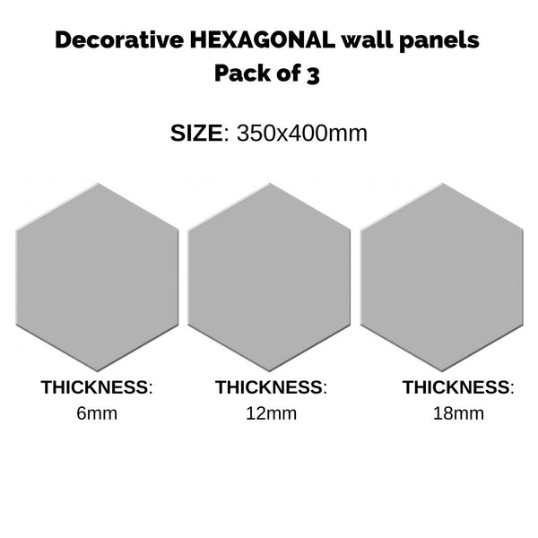 Decorative HEXAGONAL wall panels with varied thickness for textured 3D surface design, pack of 3-Distinct Designs (London) Ltd