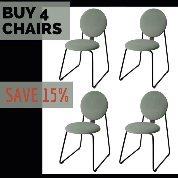 Dining Office Side Chair Round Fabric Sage Green Fabric Velvet Seat / backrest and black metal frame-Set of 4-Distinct Designs (London) Ltd