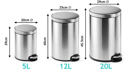 Round Pedal Waste Rubbish Bin with Smooth Silent Close Lid 5L,12L or 20L in coated Stainless Steel-Distinct Designs (London) Ltd