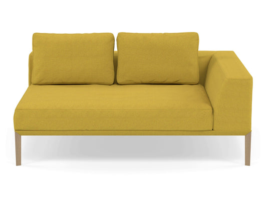 Modern 2 Seater Chaise Lounge Style Sofa with Left Armrest in Vibrant Mustard Yellow Fabric-Natural Oak-Distinct Designs (London) Ltd