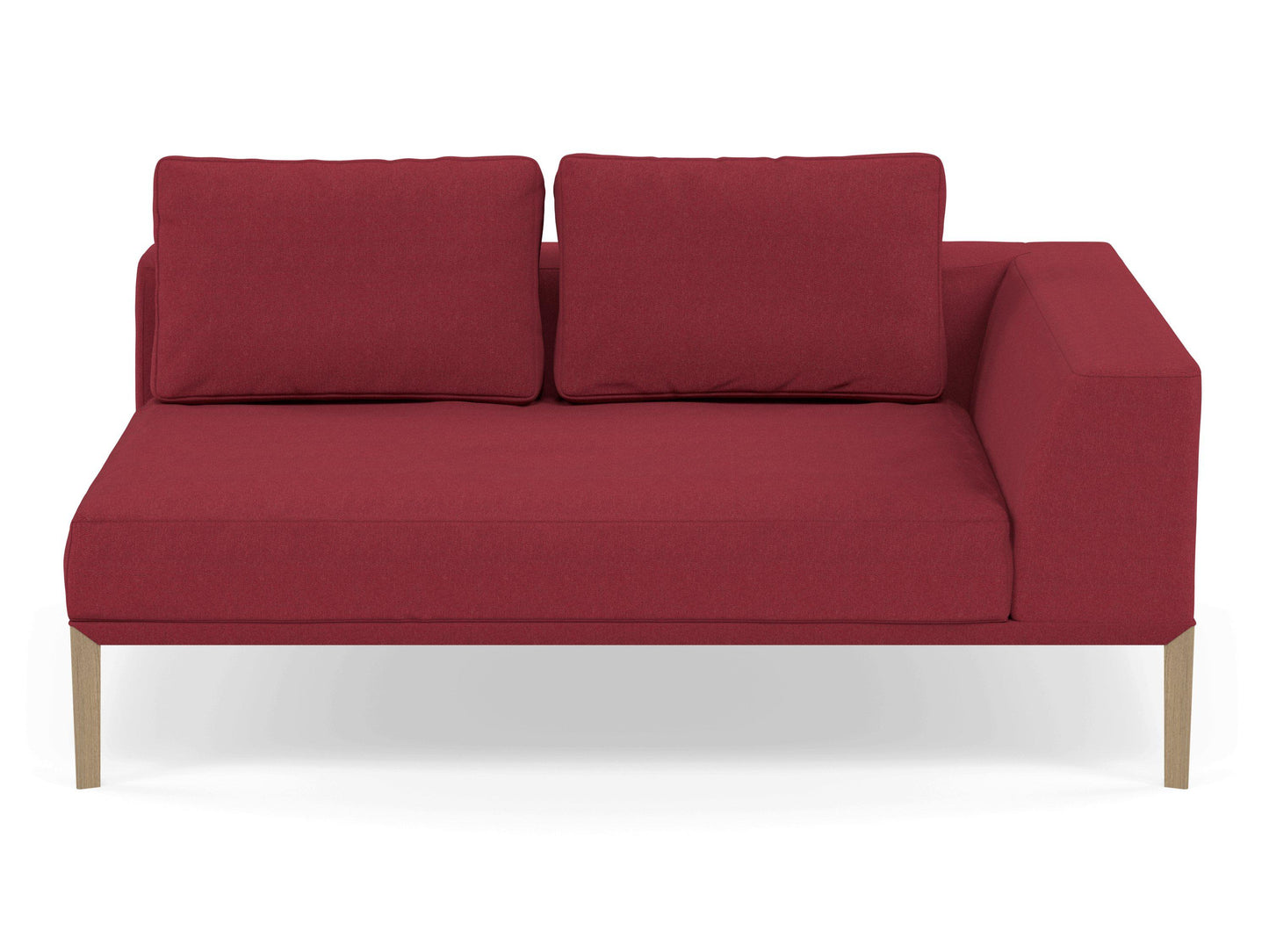 Modern 2 Seater Chaise Lounge Style Sofa with Left Armrest in Rasberry Red Fabric-Natural Oak-Distinct Designs (London) Ltd