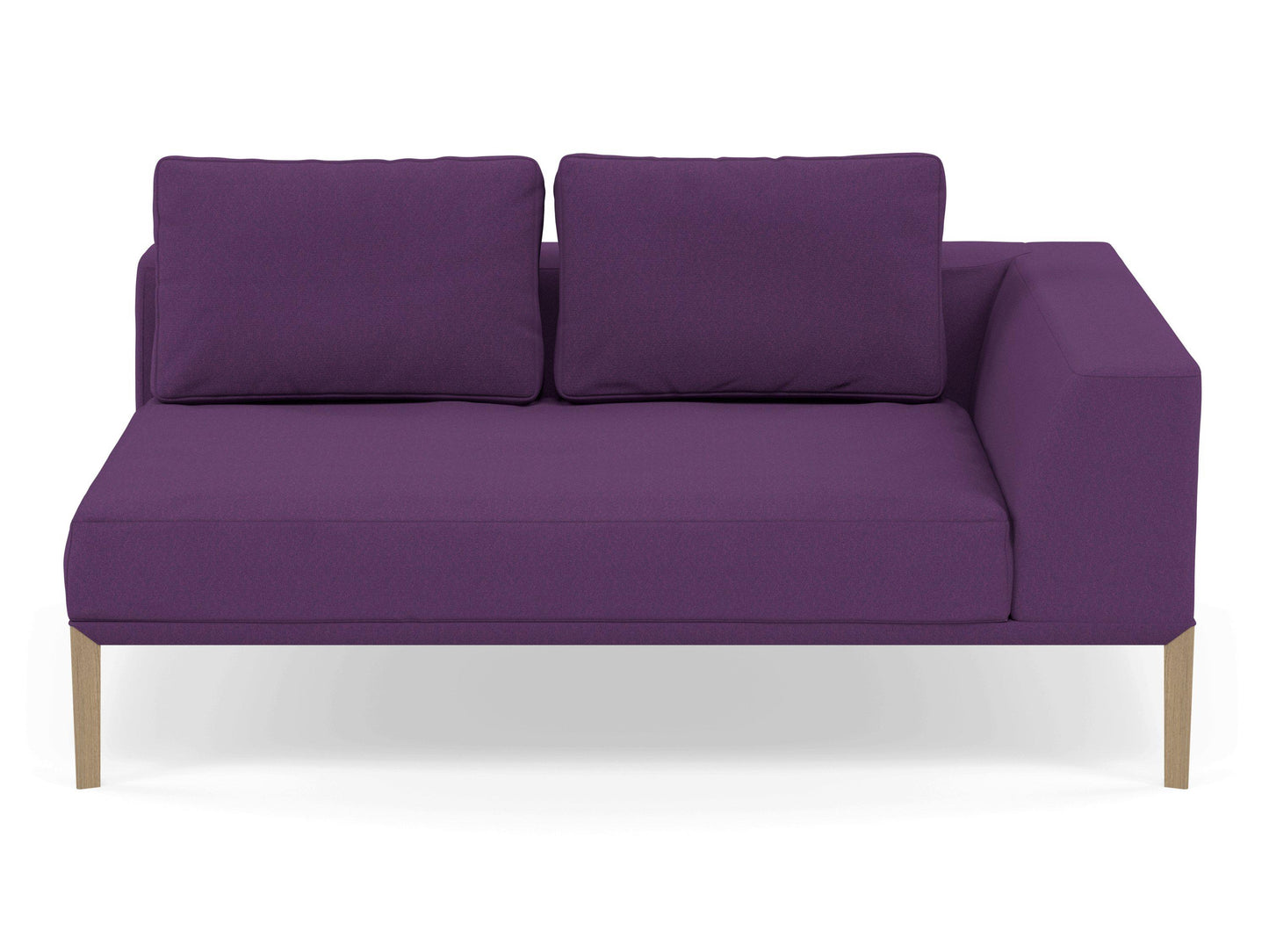 Modern 2 Seater Chaise Lounge Style Sofa with Left Armrest in Deep Purple Fabric-Natural Oak-Distinct Designs (London) Ltd
