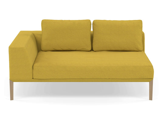 Modern 2 Seater Chaise Lounge Style Sofa with Right Armrest in Vibrant Mustard Yellow Fabric-Natural Oak-Distinct Designs (London) Ltd