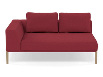 Modern 2 Seater Chaise Lounge Style Sofa with Right Armrest in Rasberry Red Fabric-Natural Oak-Distinct Designs (London) Ltd