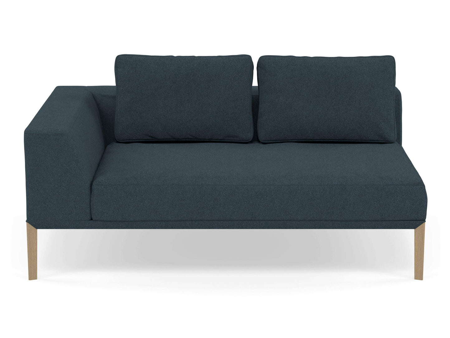 Modern 2 Seater Chaise Lounge Style Sofa with Right Armrest in Denim Blue Fabric-Natural Oak-Distinct Designs (London) Ltd