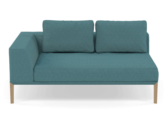 Modern 2 Seater Chaise Lounge Style Sofa with Right Armrest in Teal Blue Fabric-Natural Oak-Distinct Designs (London) Ltd
