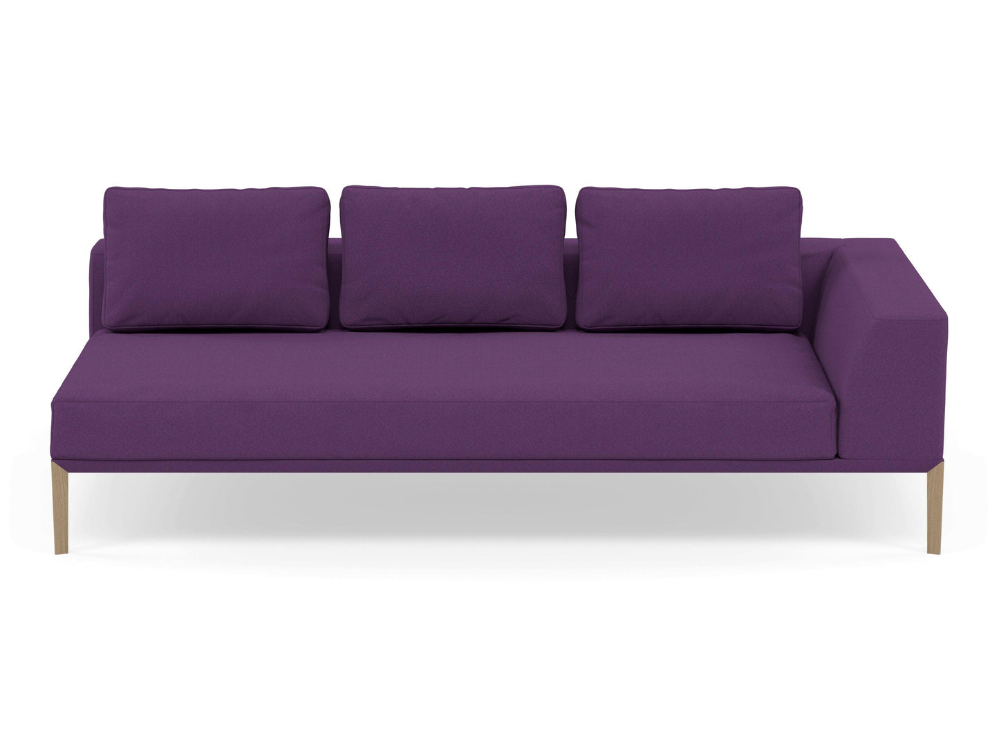 Modern 3 Seater Chaise Lounge Style Sofa with Left Armrest in Deep Purple Fabric-Natural Oak-Distinct Designs (London) Ltd