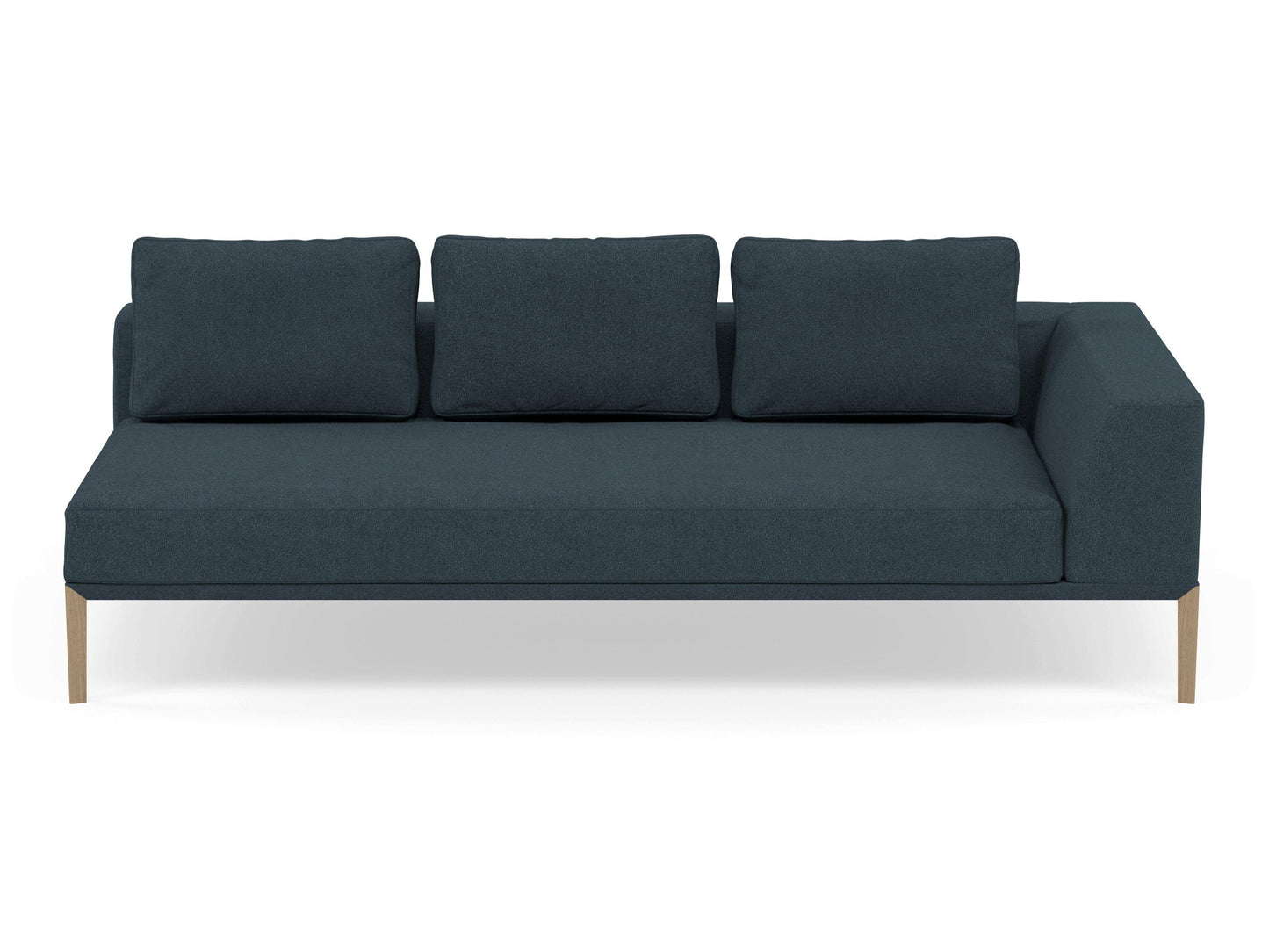 Modern 3 Seater Chaise Lounge Style Sofa with Left Armrest in Denim Blue Fabric-Natural Oak-Distinct Designs (London) Ltd