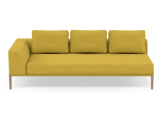 Modern 3 Seater Chaise Lounge Style Sofa with Right Armrest in Vibrant Mustard Fabric-Natural Oak-Distinct Designs (London) Ltd