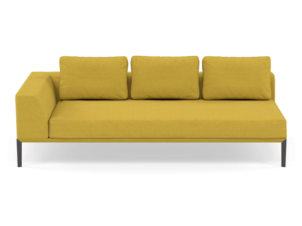 Modern 3 Seater Chaise Lounge Style Sofa with Right Armrest in Vibrant Mustard Fabric-Wenge Oak-Distinct Designs (London) Ltd