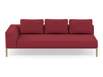 Modern 3 Seater Chaise Lounge Style Sofa with Right Armrest in Rasberry Red Fabric-Natural Oak-Distinct Designs (London) Ltd