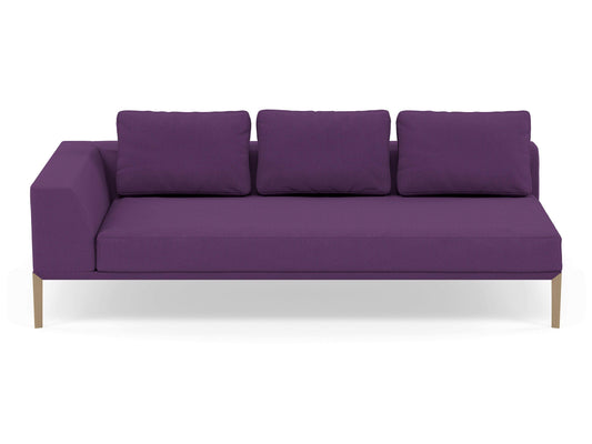 Modern 3 Seater Chaise Lounge Style Sofa with Right Armrest in Deep Purple Fabric-Natural Oak-Distinct Designs (London) Ltd