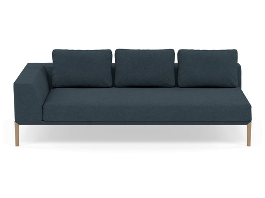 Modern 3 Seater Chaise Lounge Style Sofa with Right Armrest in Denim Blue Fabric-Natural Oak-Distinct Designs (London) Ltd