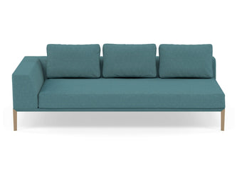 Modern 3 Seater Chaise Lounge Style Sofa with Right Armrest in Teal Blue Fabric-Natural Oak-Distinct Designs (London) Ltd