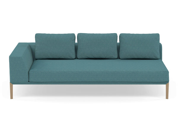 Modern 3 Seater Chaise Lounge Style Sofa with Right Armrest in Teal Blue Fabric-Natural Oak-Distinct Designs (London) Ltd