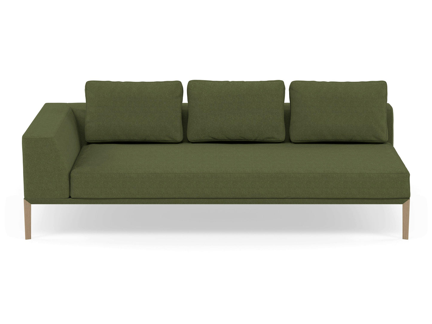 Modern 3 Seater Chaise Lounge Style Sofa with Right Armrest in Seaweed Green Fabric-Natural Oak-Distinct Designs (London) Ltd